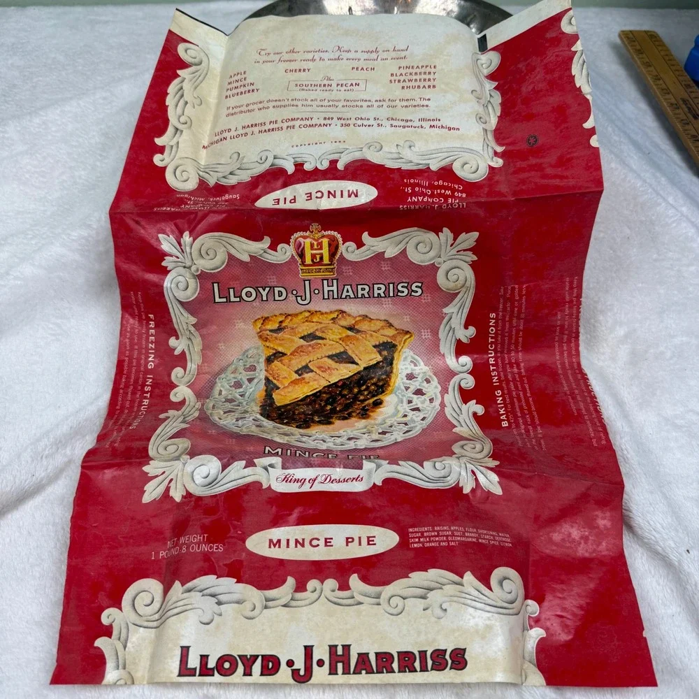 Vintage Lloyd J Harriss Aluminum Pie Tin Perforated 8 Inch w/ Mince Pie Wrapper